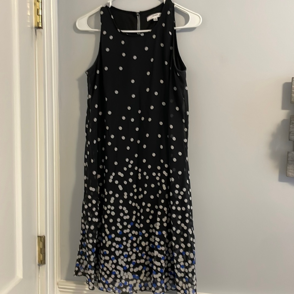 Black dress with blue and white dots